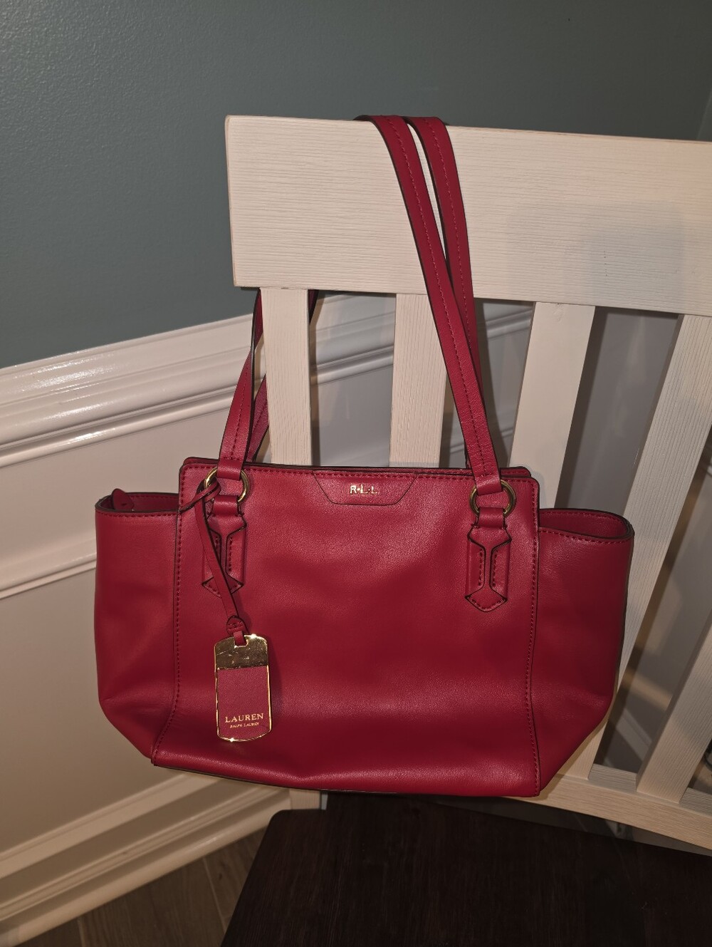 Lauren Ralph Lauren Red Leather Tote with Gold Tag